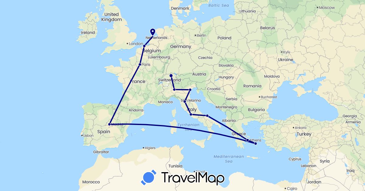 TravelMap itinerary: driving in Belgium, Switzerland, Spain, France, Greece, Italy, Netherlands (Europe)